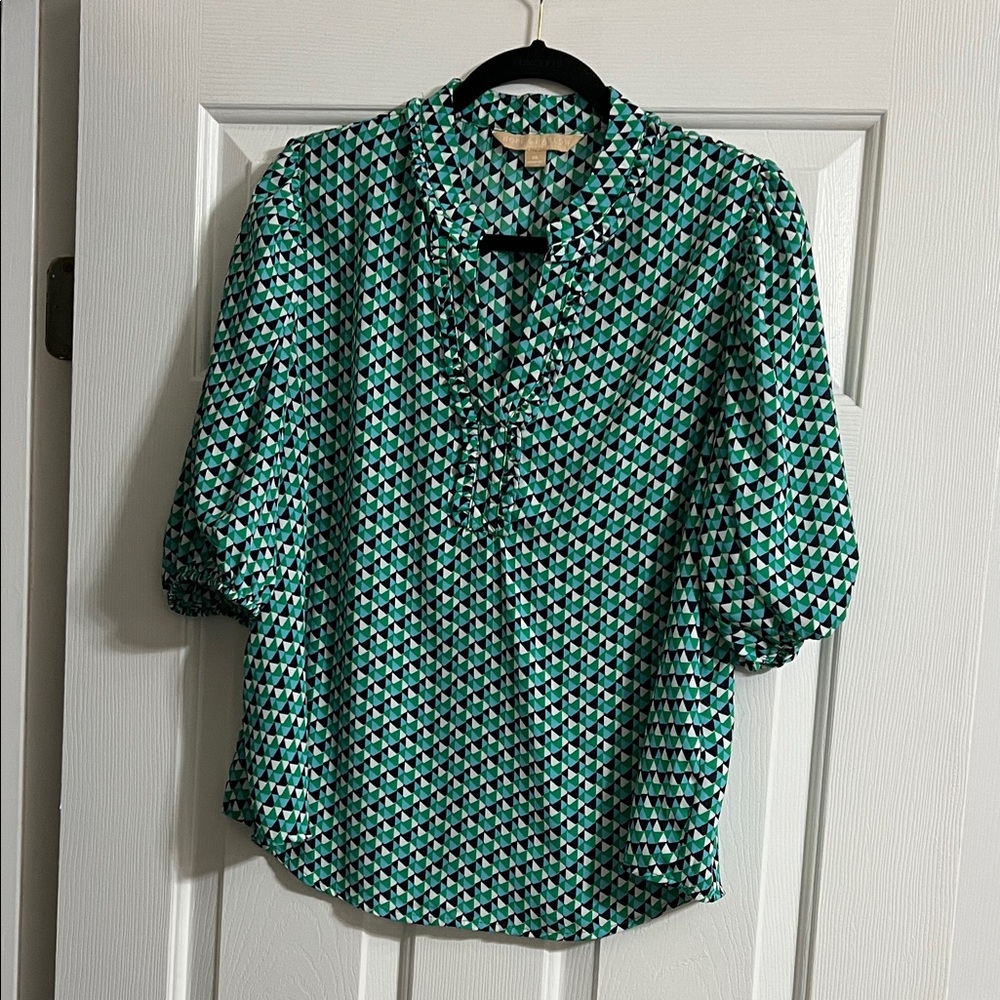 Hope & Harlow Blue and Green Geometric V Neck Short Sleeve Ruffle Blouse XL